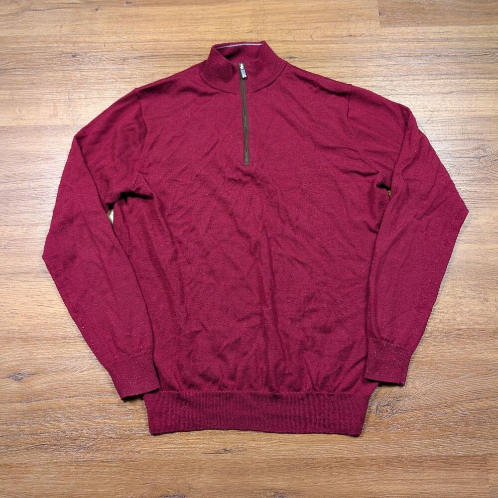 Peter Millar Autumn Crest Merino Wool 1/4 Zip Pullover Mens S Red Suede Trim